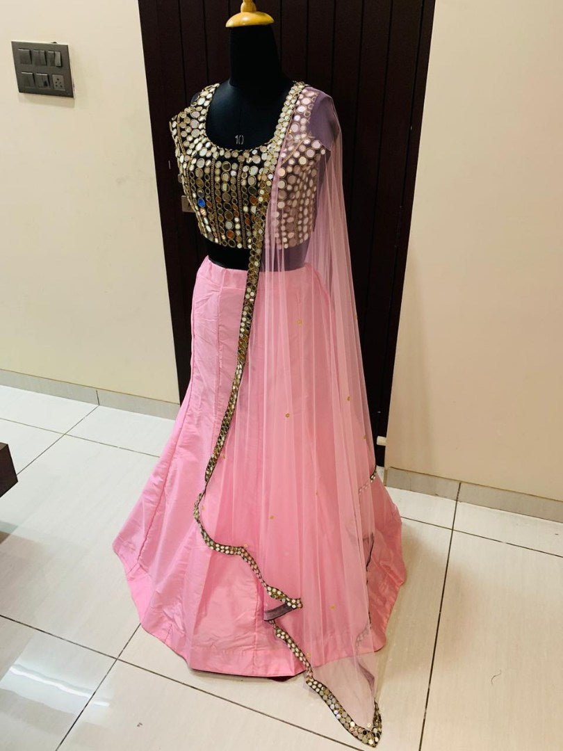Baby pink tapeta silk ceremonial lehenga with mirror work choli