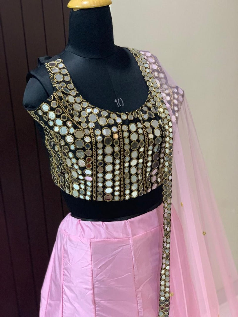 Baby pink tapeta silk ceremonial lehenga with mirror work choli