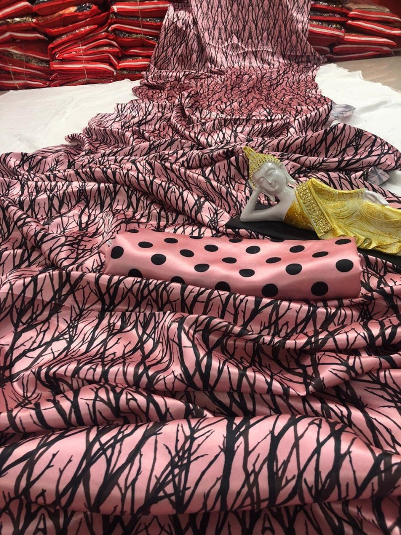 Baby pink ultra satin printed saree