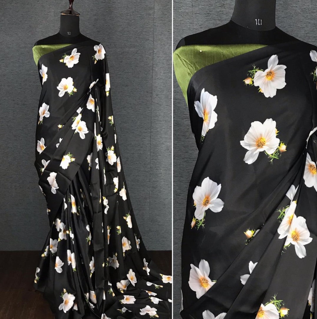 Balck japan satin digital printed work party wear saree