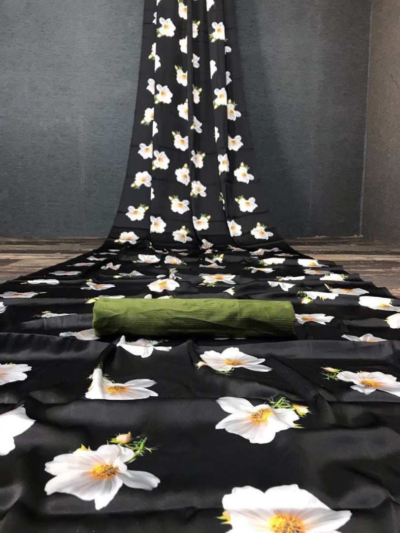 Balck japan satin digital printed work party wear saree