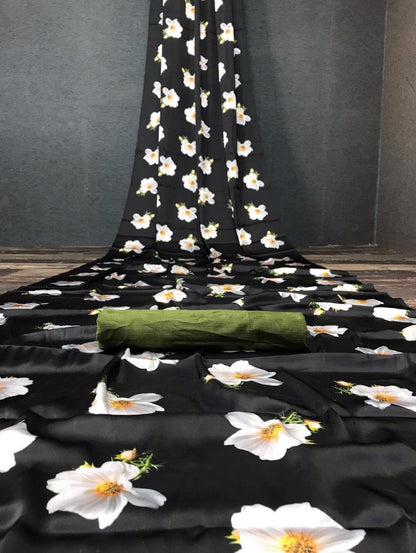 Balck japan satin digital printed work party wear saree