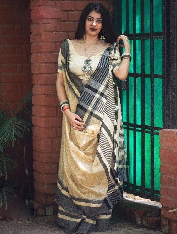 Beautiful cream slub cotton silk casual saree