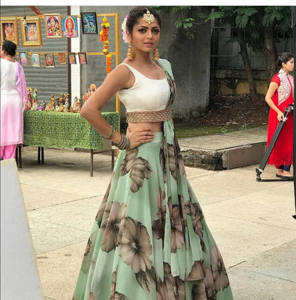 Beautiful crep silk digital printed pista green lehenga