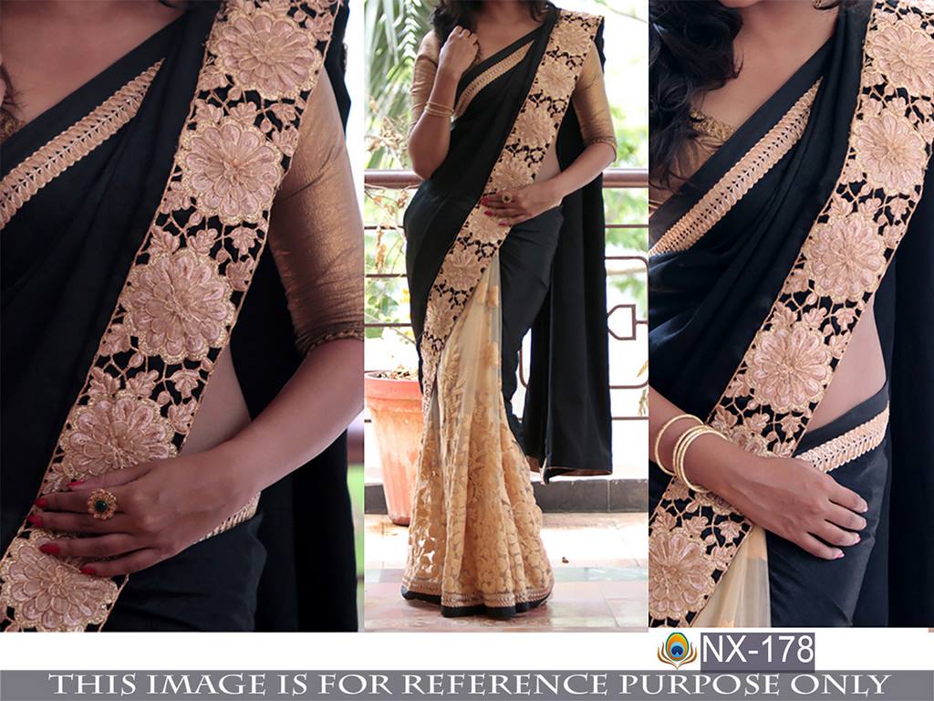Beautiful designer black and cream embroidered heavy lace work saree