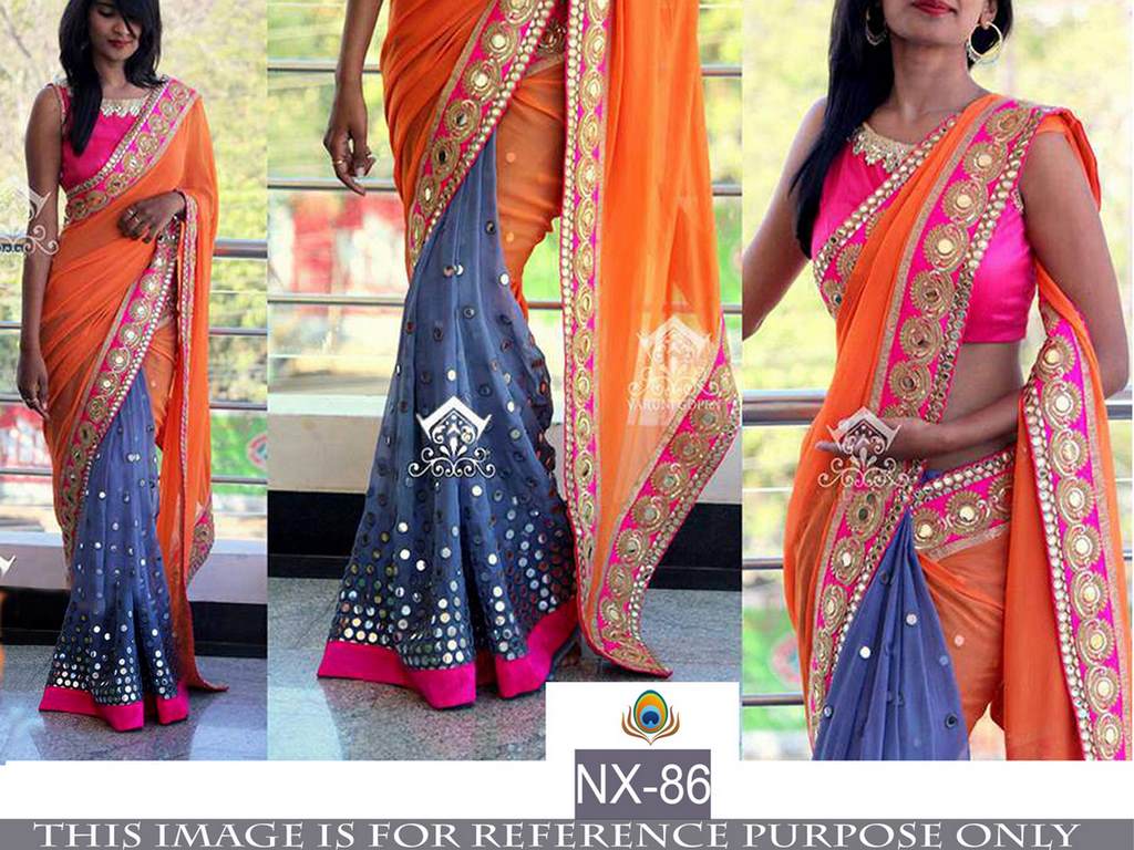 Beautiful embroidered orange and blue wedding saree
