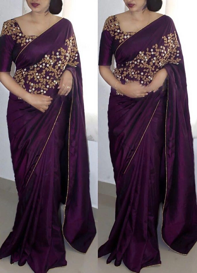 Beautiful Embroidered purple paper silk partywear saree