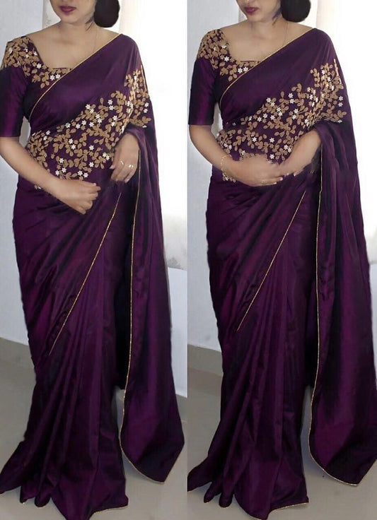 Beautiful Embroidered purple paper silk partywear saree