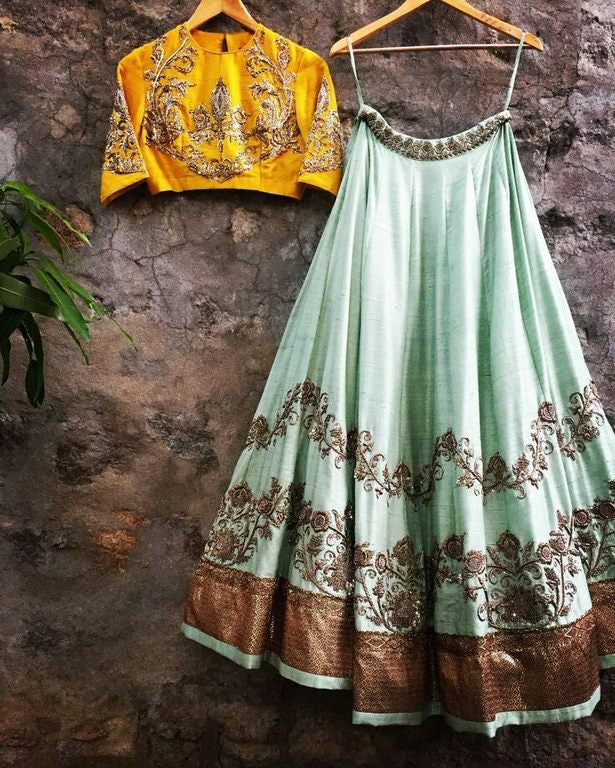 Beautiful embroidered rama color wedding lehenga