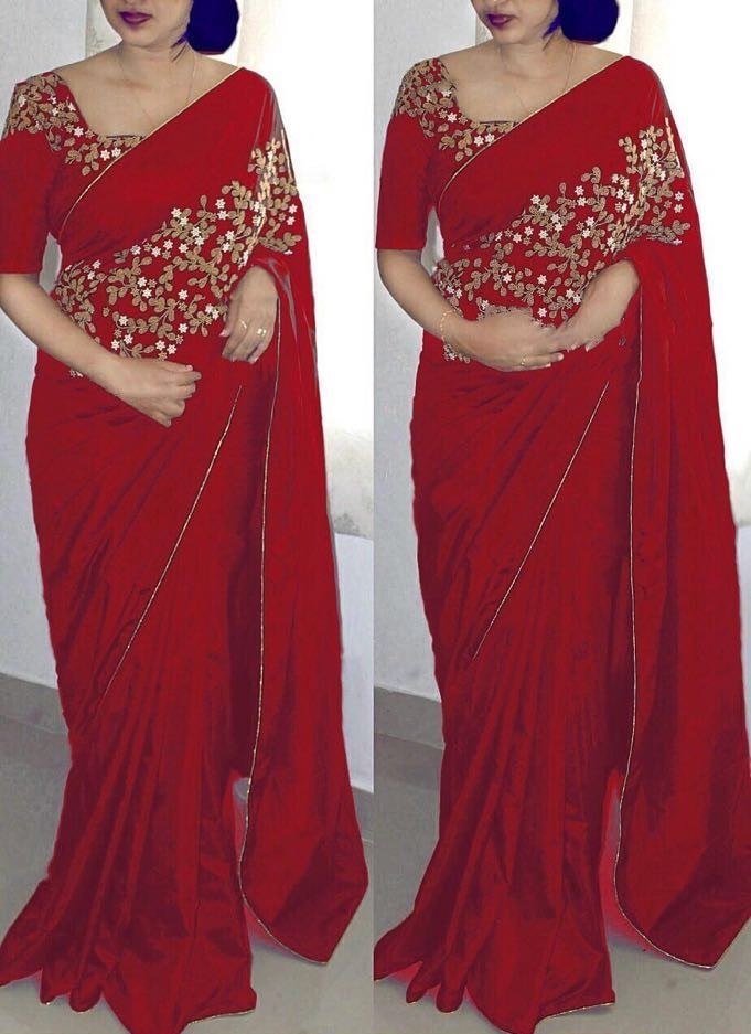 Beautiful Embroidered red paper silk partywear saree