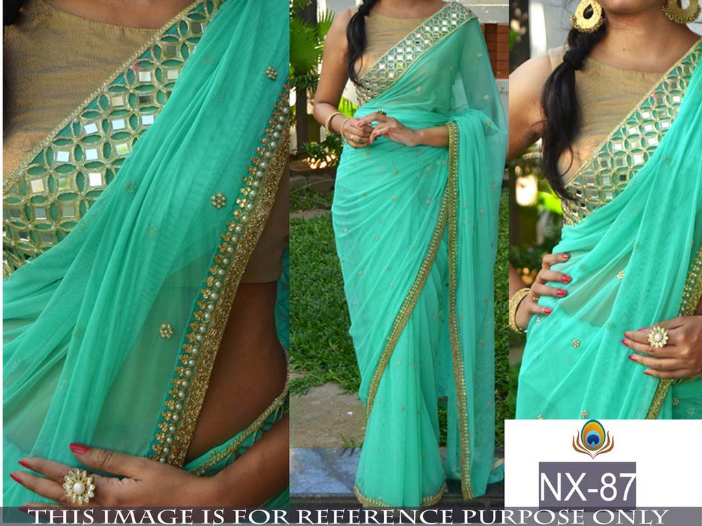 Beautiful embroidered sky green partywear saree