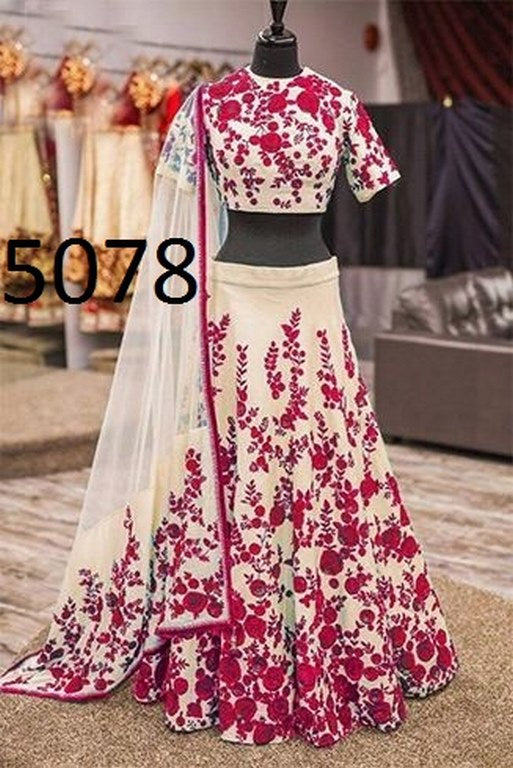 Beautiful embroidered white banglori silk wedding lehenga