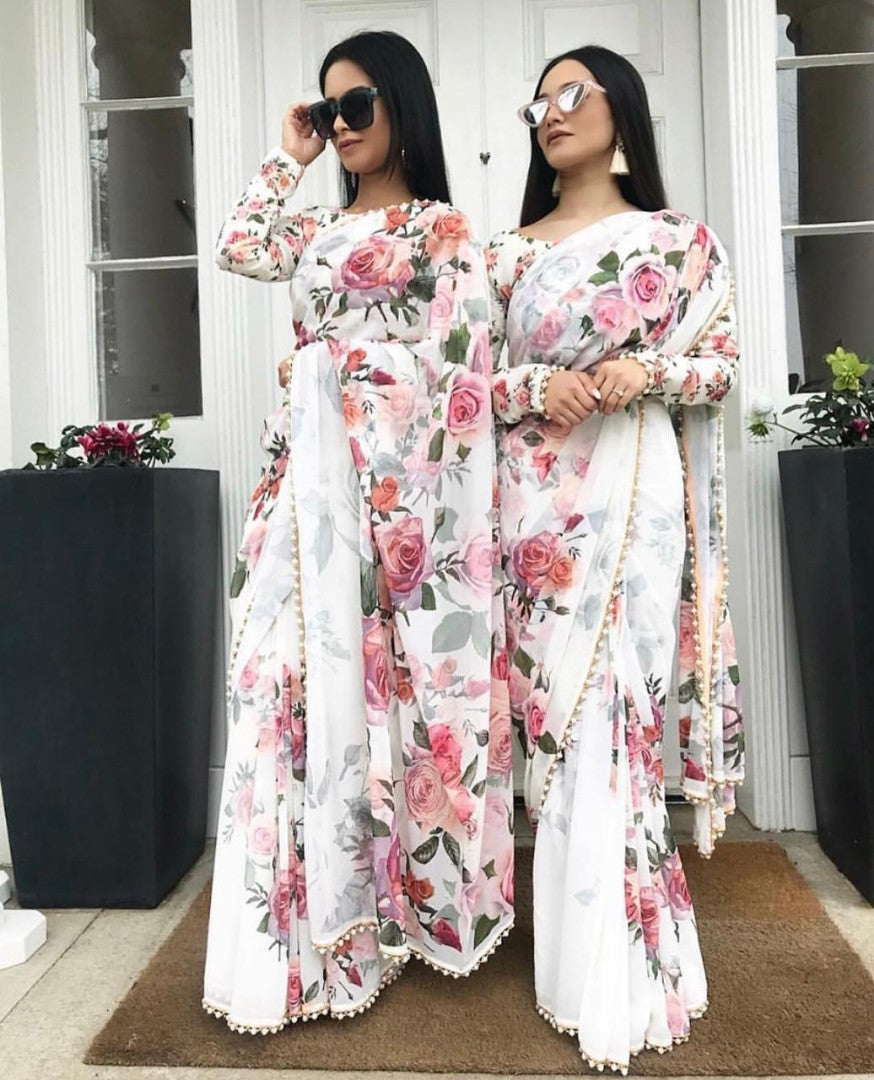 beautiful floral digital printed saree with moti lace
