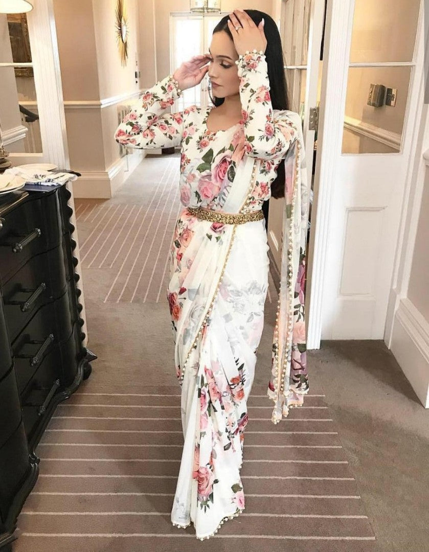 beautiful floral digital printed saree with moti lace