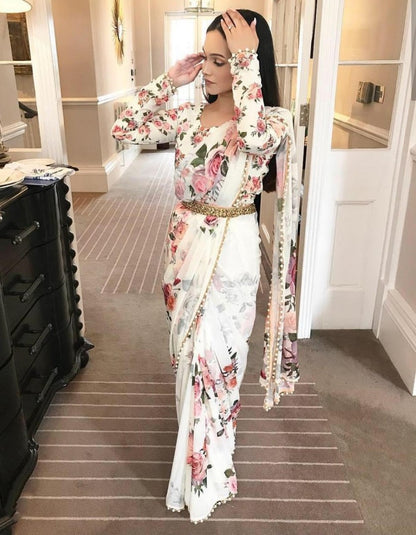 beautiful floral digital printed saree with moti lace