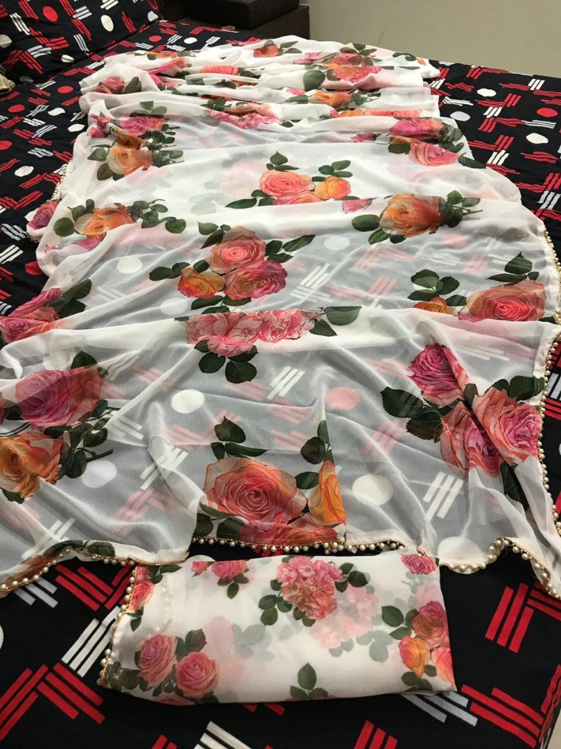 beautiful floral digital printed saree with moti lace