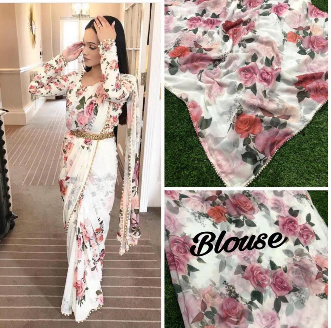 beautiful floral digital printed saree with moti lace