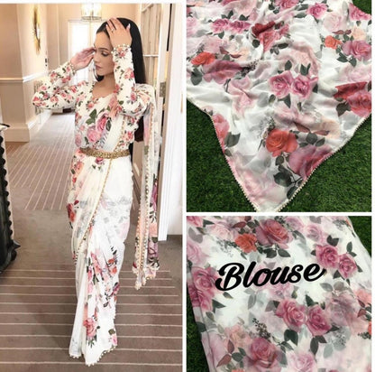 beautiful floral digital printed saree with moti lace