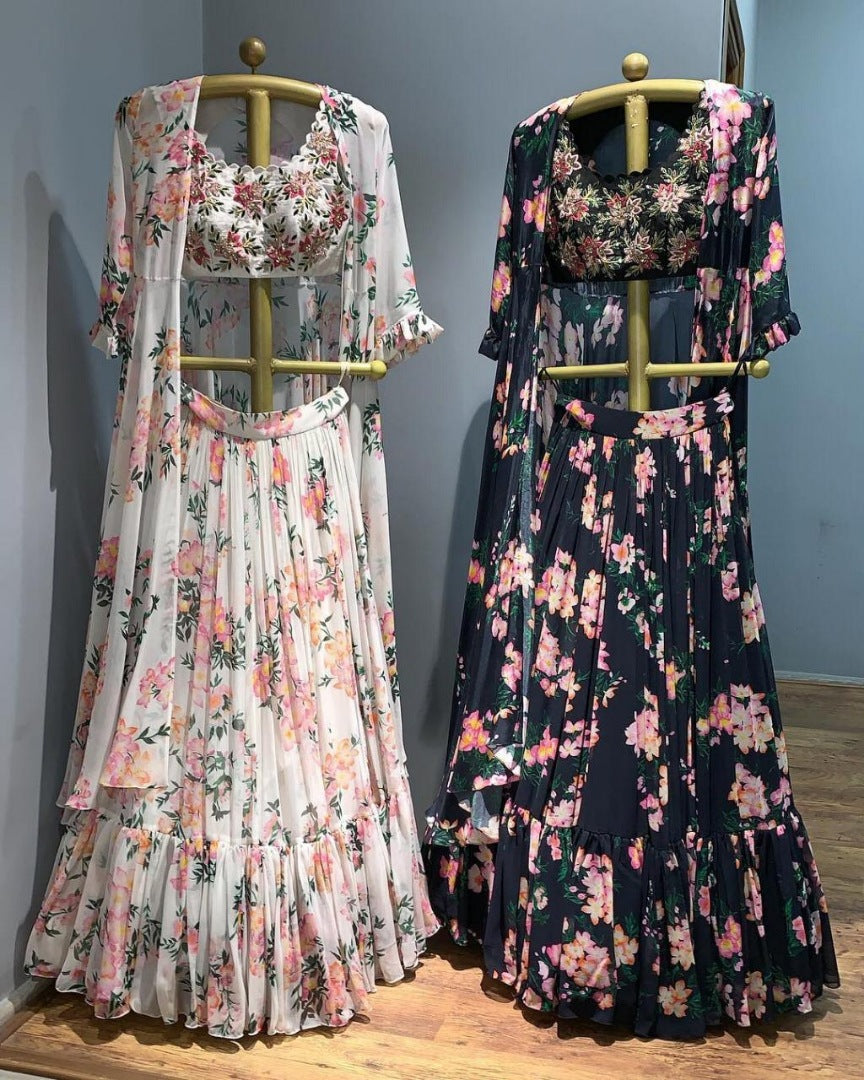 Beautiful floral printed georgette ceremonial lehenga with shrug