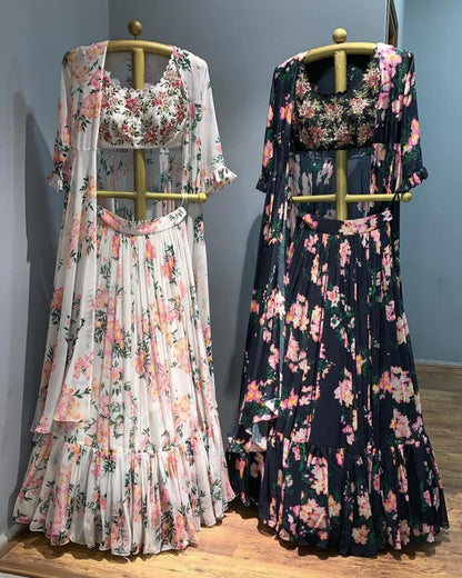 Beautiful floral printed georgette ceremonial lehenga with shrug