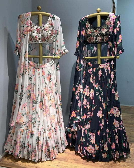 Beautiful floral printed georgette ceremonial lehenga with shrug