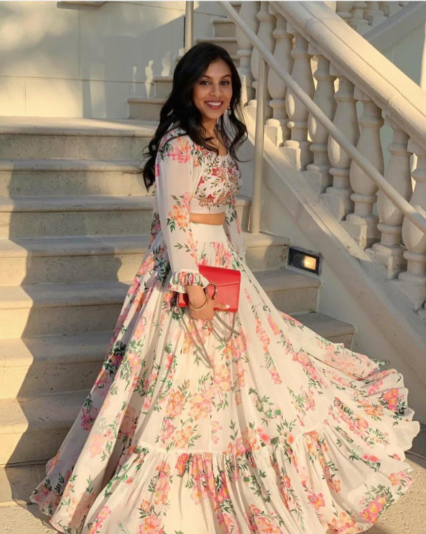 Beautiful floral printed georgette ceremonial lehenga with shrug