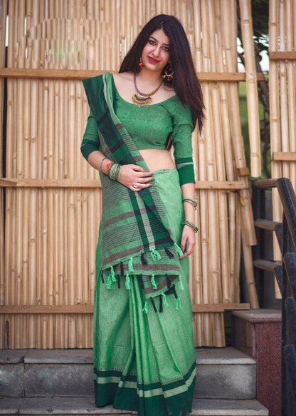 Beautiful green slub cotton silk casual saree