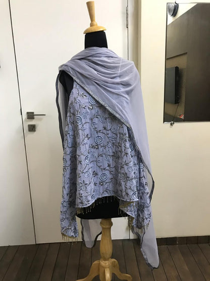 Beautiful lovender grey georgette embroidered sharara salwar suit