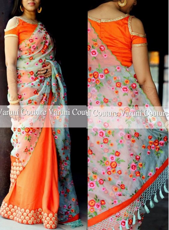 Beautiful multicolor thread work designer orange saree