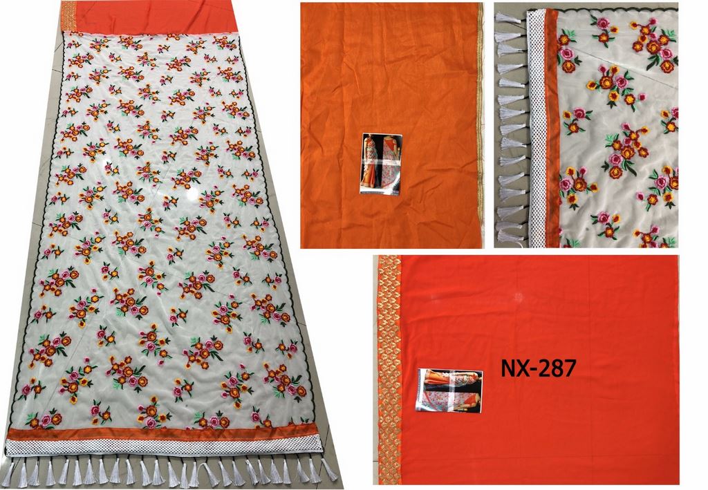 Beautiful multicolor thread work designer orange saree