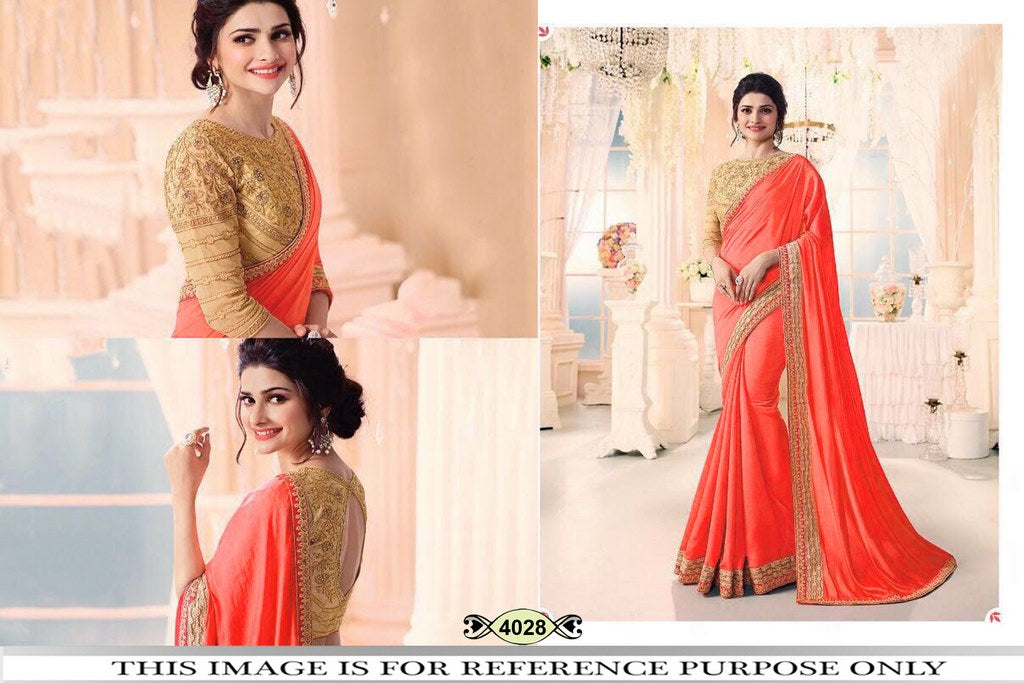 Beautiful neon orange embroidered partywear saree