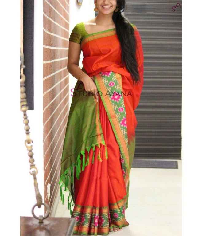 Beautiful Orange & Green Printed Wedding Saree