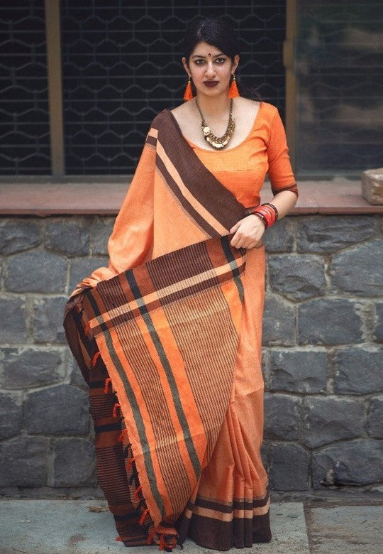Beautiful orange slub cotton silk casual saree