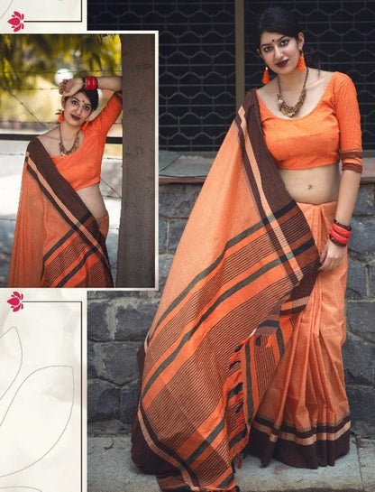 Beautiful orange slub cotton silk casual saree
