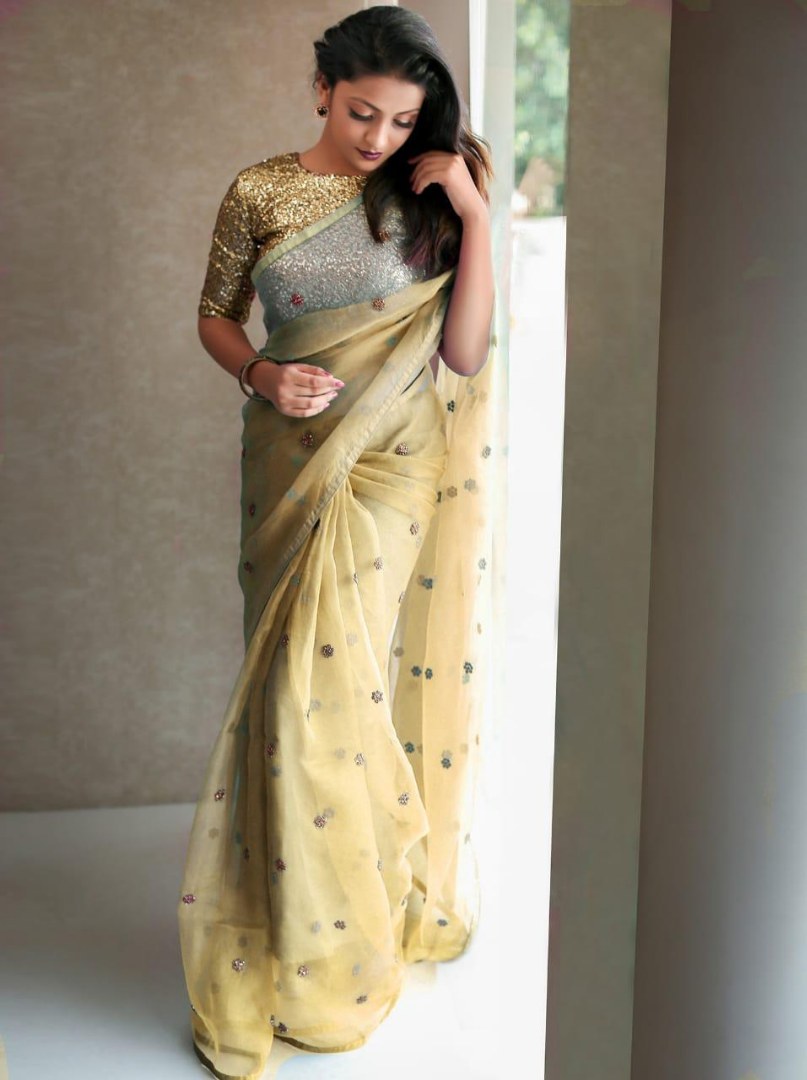 Beautiful organza net partywear saree with sequence work blouse