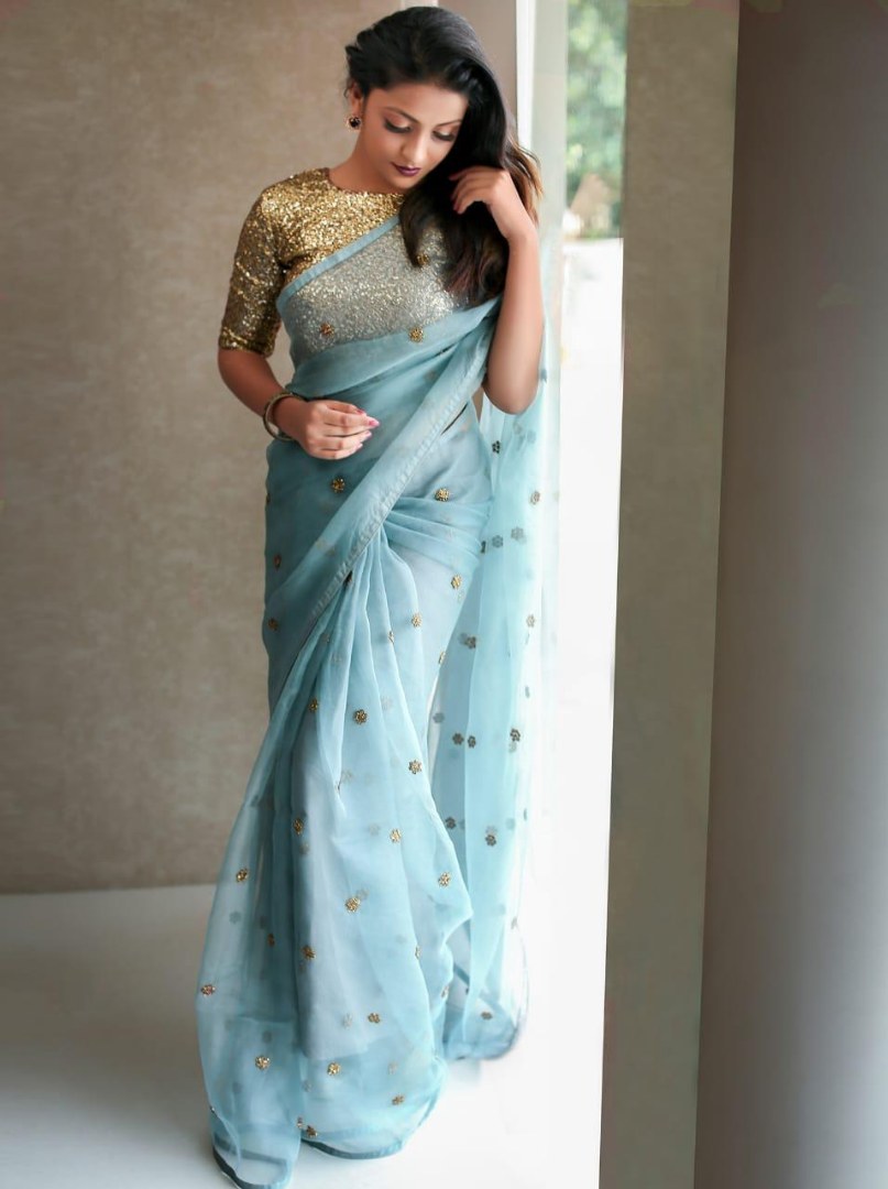 Beautiful organza net partywear saree with sequence work blouse