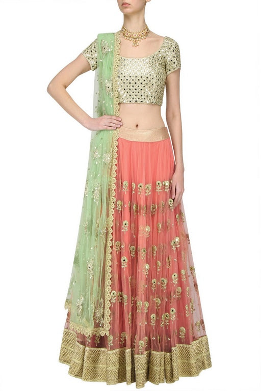 Beautiful peach mint mirror work wedding lehenga