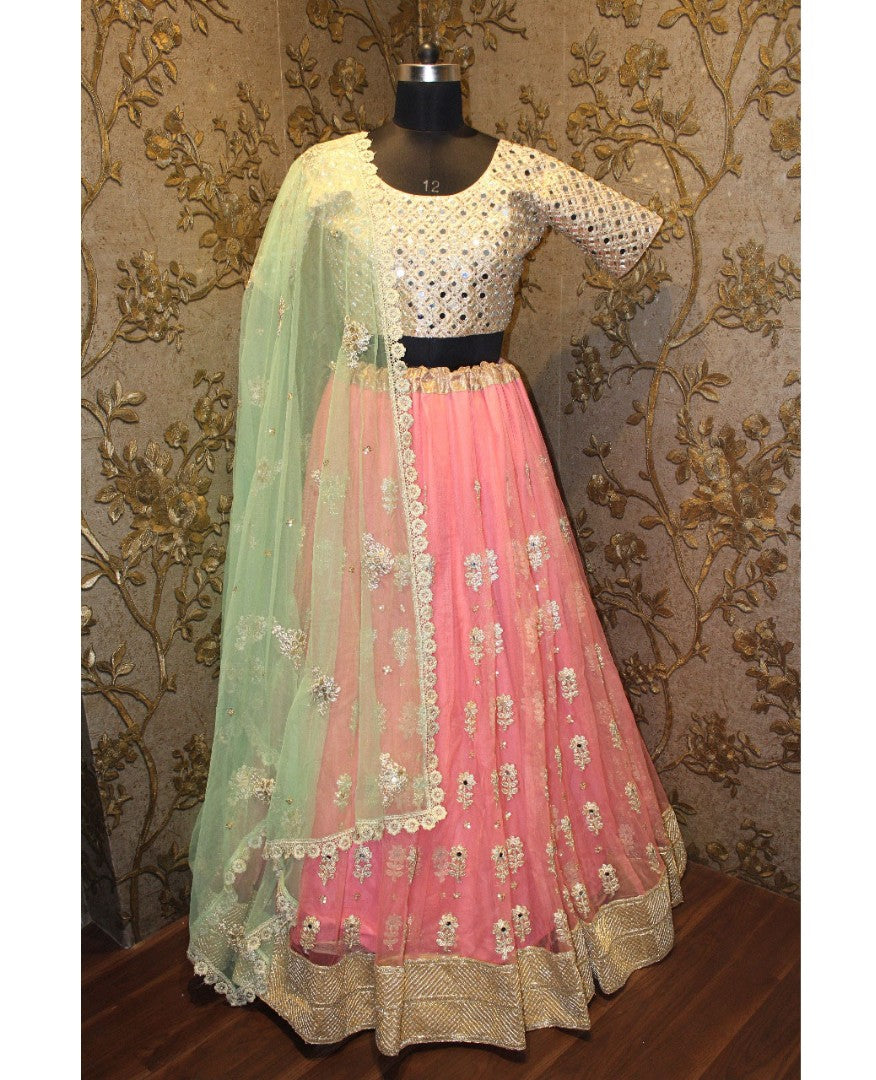 Beautiful peach mint mirror work wedding lehenga