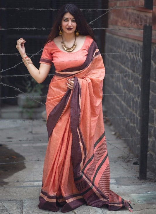 Beautiful Pink slub cotton silk casual saree