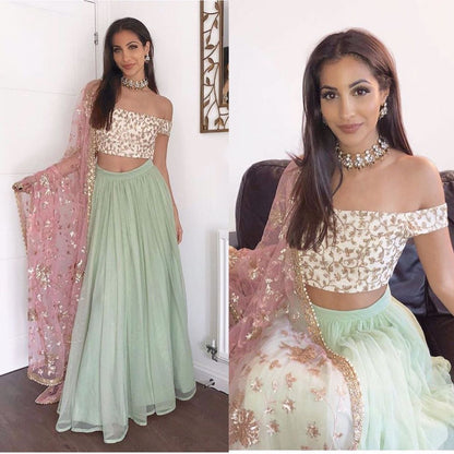 Beautiful pista green embroidered partywear lehenga