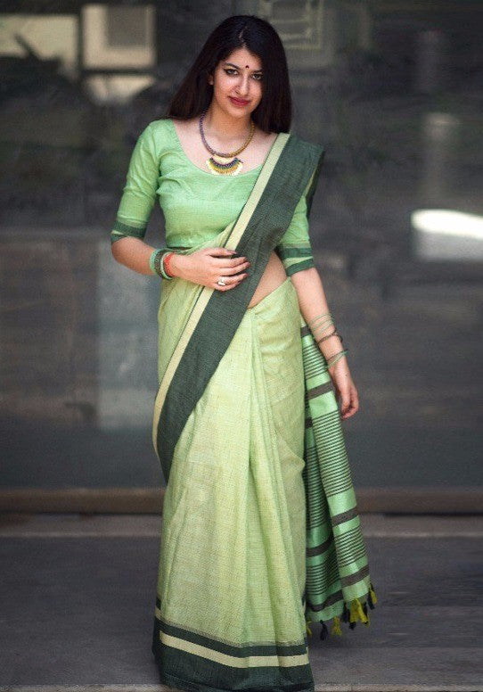 Beautiful pista green slub cotton silk casual saree