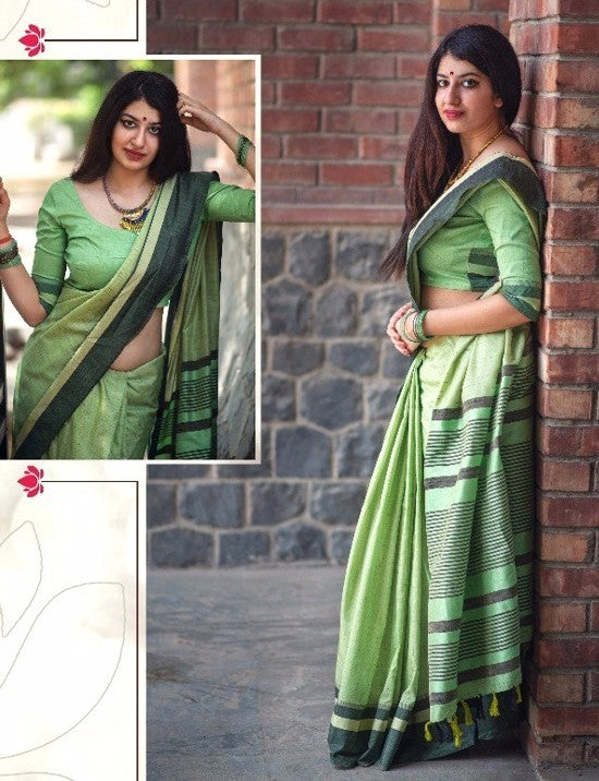 Beautiful pista green slub cotton silk casual saree
