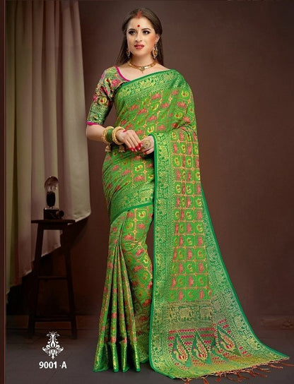 Beautiful polly cotton patola silk green saree