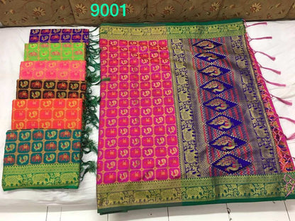 Beautiful polly cotton patola silk green saree