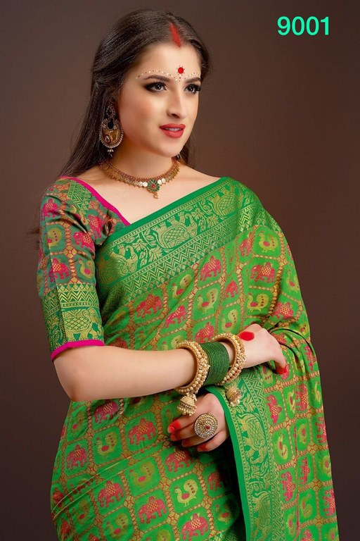 Beautiful polly cotton patola silk green saree
