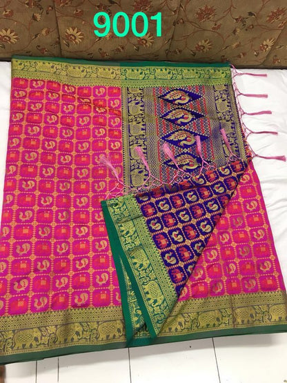 Beautiful polly cotton patola silk green saree