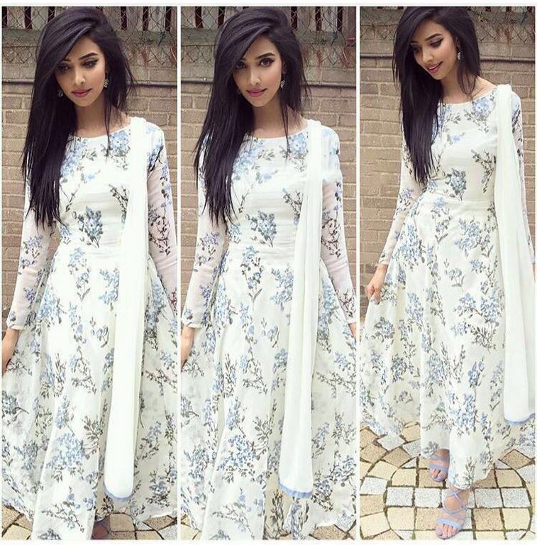 Beautiful printed georgette white anarkali suit