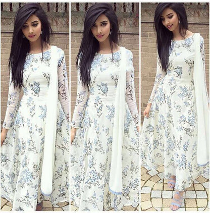Beautiful printed georgette white anarkali suit