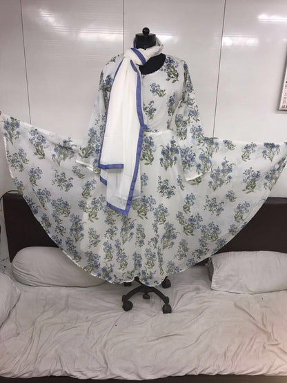 Beautiful printed georgette white anarkali suit