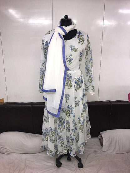 Beautiful printed georgette white anarkali suit